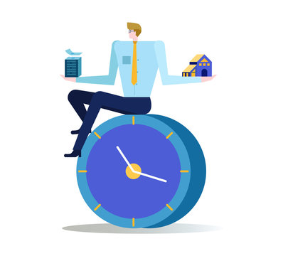 Businessman balance time for make money and time for family. Abstract working concept. flat design elements. vector illustration