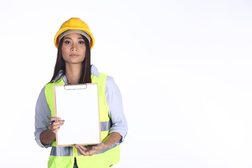 Beautiful Asian Architect Engineer woman in yellow hard hat