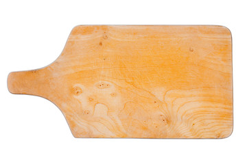 Altes rustikales Schneidebrett mit Griff isoliert  auf weißem Hintergrund