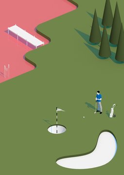 Illustration of a man playing golf at a golf course