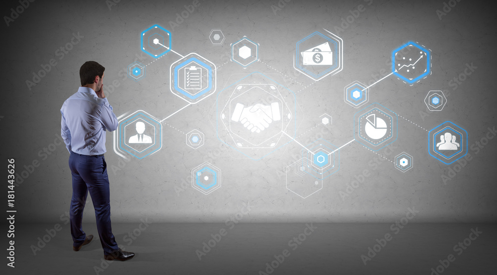 Poster businessman using partnership interface on a wall 3d rendering
