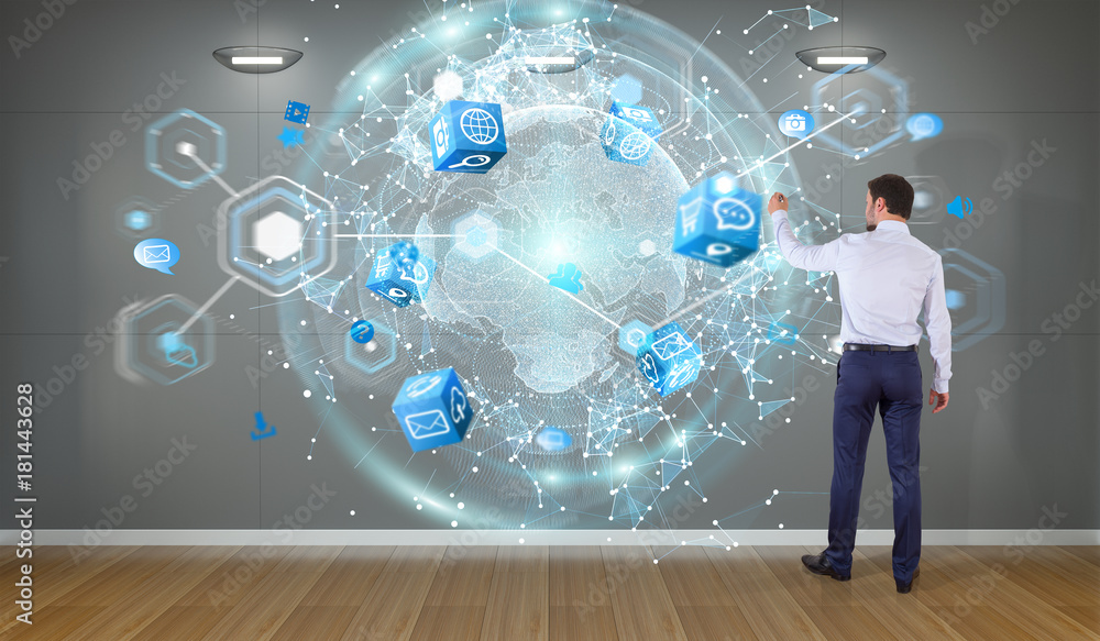 Poster Businessman using digital planet earth interface on a wall 3D rendering