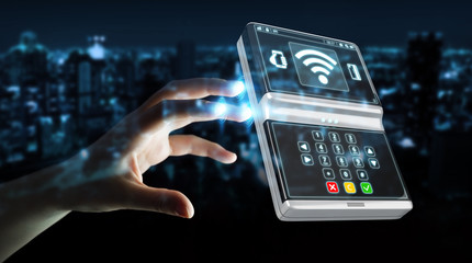 Businesswoman using contactless terminal payment 3D rendering