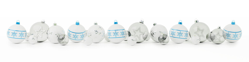 Blue and white christmas baubles lined up 3D rendering