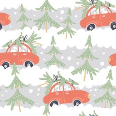 Materiał do szycia Seamless pattern with cars and Christmas trees