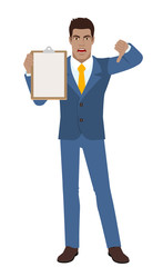Businessman holding the clipboard showing thumb down gesture as rejection symbol