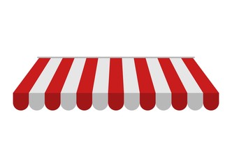 Awning isolated on white background. Striped red and white sunshade for shops, cafes and street restaurants. Outside canopy from the sun. Vector illustration