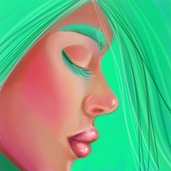 Girl in profile with green hair in the style of digital oil painting