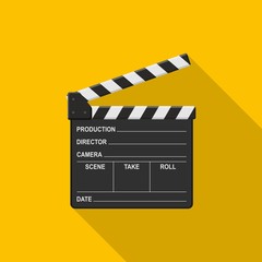 Obraz premium Film clapper board icon on yellow background with shadow. Blank movie clapper cinema vector illustration