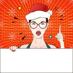 Pop Art Vintage advertising xmas poster comic girl in cat's eye glasses and red santa hat holds a white banner. Vector illustration