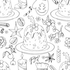 Seamless pattern with christmas pudding and decoration. Endless texture for festive design and decoration. Black and white