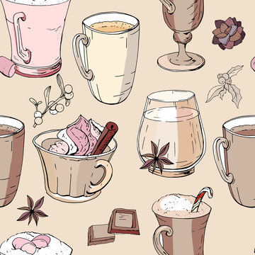 Seamless pattern with glasses of egg nog, coffee and other winter drinks. Festive endless texture