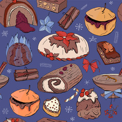 Seamless pattern with christmas pastry. Endless texture for festive design, restaurant and cafe menu, decoration. Dark blue background.
