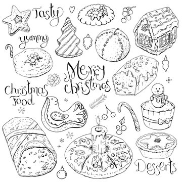 Set of different Christmas and winter desserts isolated on white. Black and white, hand drawn. Festive elements for restaurant and cafe menu.