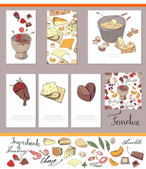 Set of different cards with traditional cheese and chocolate fondue. Template for season and festive design, greeting cards,invitations and decoration.