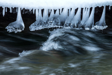 Icicles on a stream in winter.