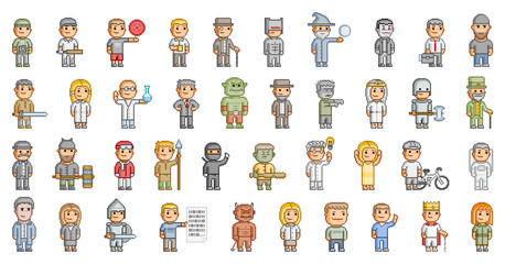 Vector 8-bit pixel art people set