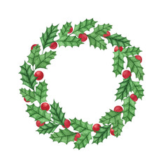 Hand painted christmas holly wreath with berries isolated on the white background. New Year decoration for holiday cards, labels and banners.