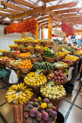 Fresh exotic fruits in Mercado Dos Lavradores. Funchal, Madeira, Portugal