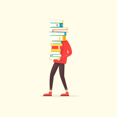 Guy carries a pile of books. Flat design vector illustration.