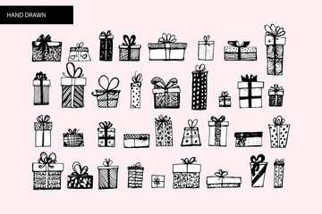  Set of gift boxes. Hand drawn sketch converted to vector.