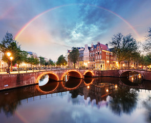 Obraz premium Amsterdam bridge with rainbow, Netherlands