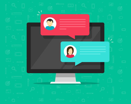 Computer online chat vector illustration, flat cartoon design of desktop pc with chatting bubble notifications, concept of people messaging on internet, on-line communication icon isolated
