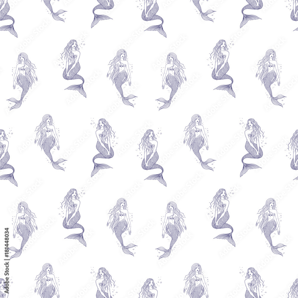 Poster seamless pattern with hand drawn mermaids on white background. backdrop with undine. vector illustra