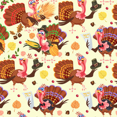 Seamless pattern cartoon thanksgiving turkey character in hat with harvest, leaves, acorns, corn, autumn holiday bird vector illustration background for fabric textile or wrapping