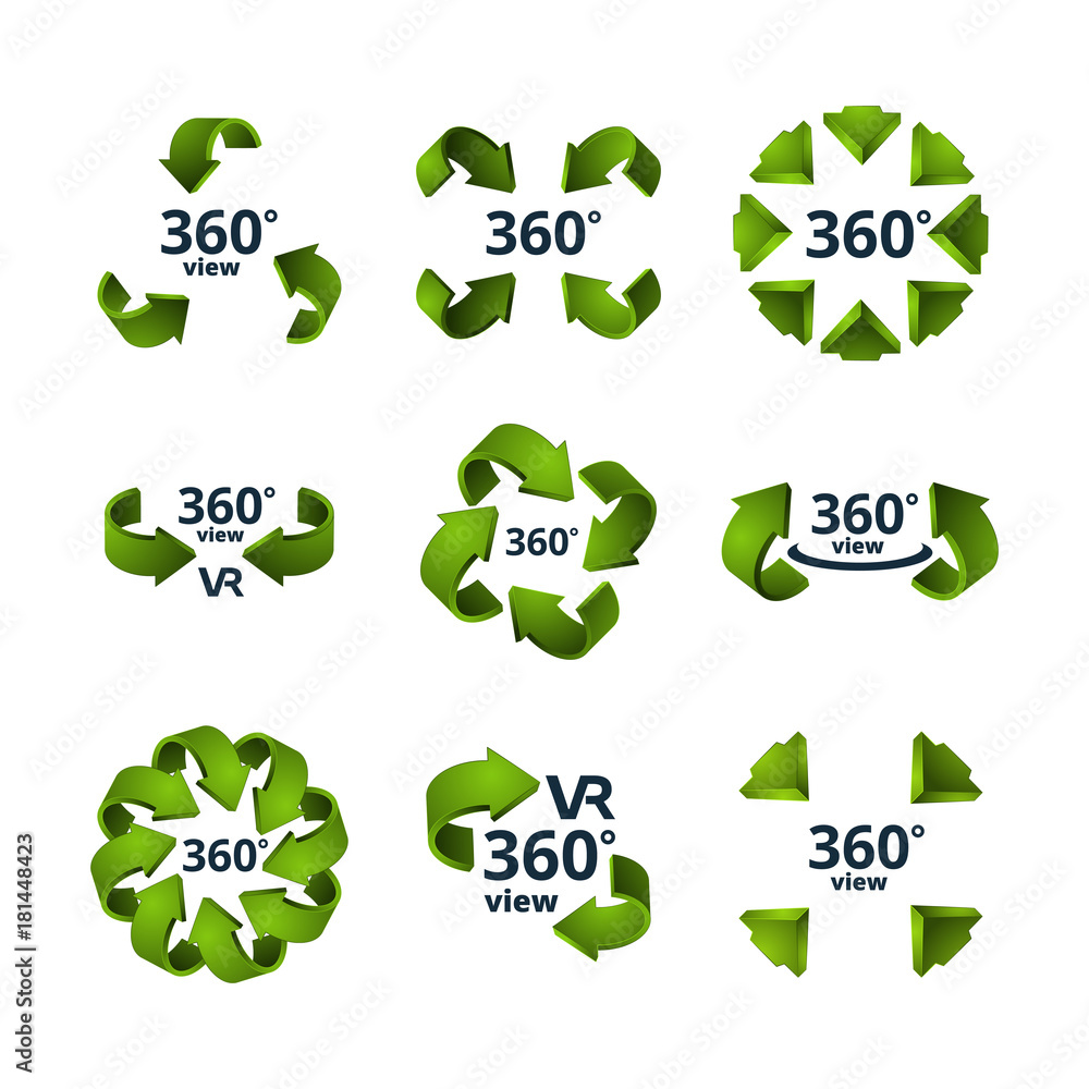 Poster symbols of virtual reality. 360 degrees 3d rotate