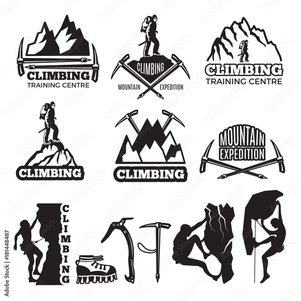 Poster mountain climbing and different equipment. vector labels template with place for your text
