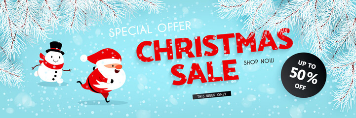 Christmas sale, discounts. A festive banner with a running Santa Claus, Snowman, snow, and the branches of the Christmas tree. Vector - 181448828