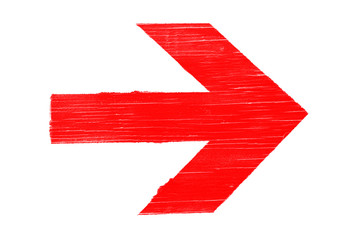 Red directional arrow manually painted on wooden signboard texture and isolated on a white...