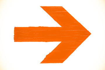 Directional orange arrow manually painted on wooden signboard texture and isolated on a white...