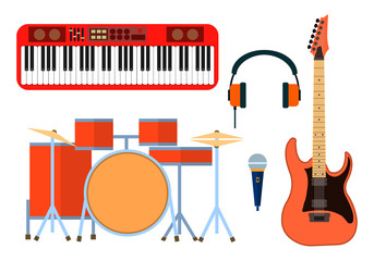 Musical instruments icons for musical group. Guitar synthesizer, drum, microphone, headphones for band. Flat design, vector illustration, EPS10