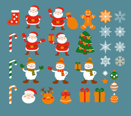 Set of cartoon simple elements for Christmas design in flat style: Santa Clause, snowmen, gift box, Christmas tree, decoration, deer head, snowflakes, bell, gingerbread men. Vector.
