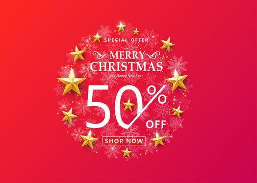 Christmas sale concept on bright red background. Snowflakes in the round frame