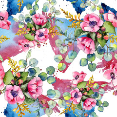 Wildflower bouquet pattern in a watercolor style. Full name of the plant: poppy. Aquarelle wild flower for background, texture, wrapper pattern, frame or border.