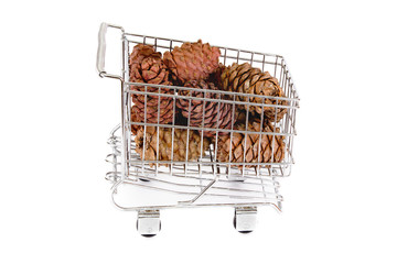 Cones in a miniature shopping cart on white background