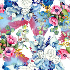 Wildflower bouquet pattern in a watercolor style. Full name of the plant: rose. Aquarelle wild flower for background, texture, wrapper pattern, frame or border.