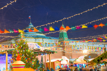 Russia, Moscow - Christmas annual fair in the center of Moscow and a blizzard