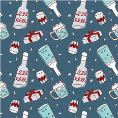 Merry Christmas seamless pattern party, Christmas items drink, bottle, beer, soda, glass, gift holly jolly celebration, decorated wallpaper scrapbook wrapping paper fun season greeting in navy blue.