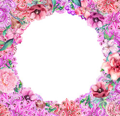 Flowers and ornament, floral wreath, circle frame. Watercolor in hippie boho style for fashion card