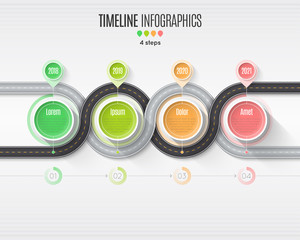 Navigation map infographic 4 steps timeline concept. Winding roa