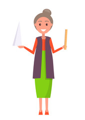 Geometry Teacher with Triangular Figure and Ruler