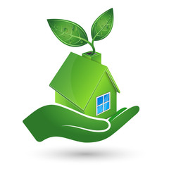 Green house in hand ecology symbol