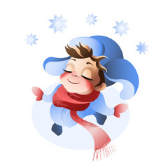 Little boy rotates under the first snow