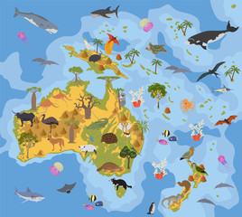 Australia and Oceania flora and fauna map, flat elements. Animals, birds and sea life big set. Build your geography infographics collection © a7880ss
