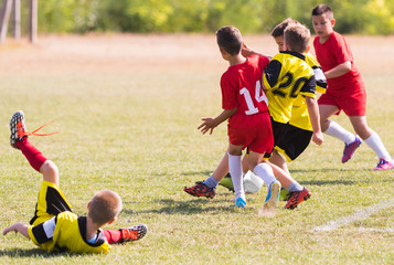 Young children players football match on soccer field