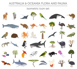 Isometric 3d Australia and Oceania flora and fauna map elements. Animals, birds and sea life. Build your own geography infographics collection